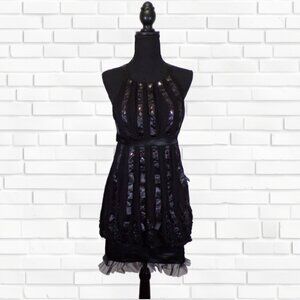 Sue Wong Nocturne Dress sz 4 Black Silk Halter Ribbon Steampunk Goth Whimsigoth